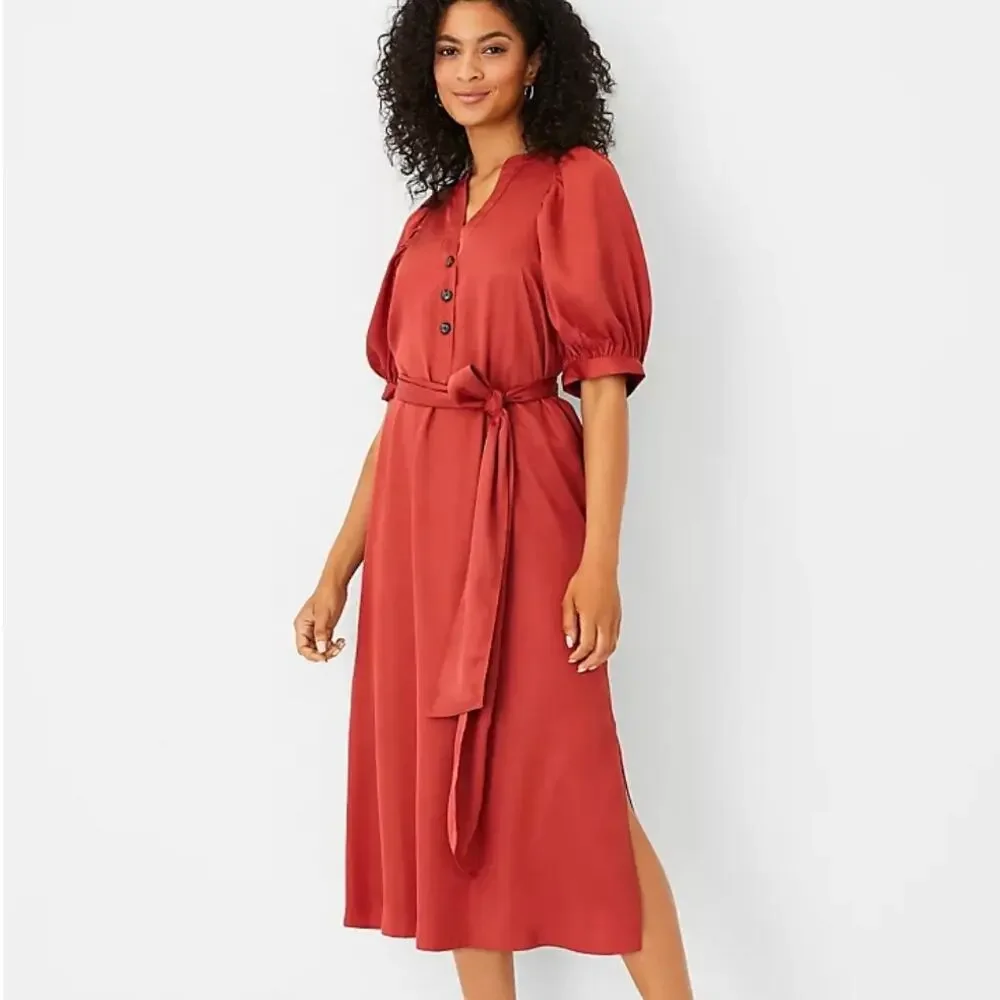Ann Taylor Puff Sleeve Tie Waist Shirtdress In Bronze Red V-Neck Size Small - Picture 2 of 14